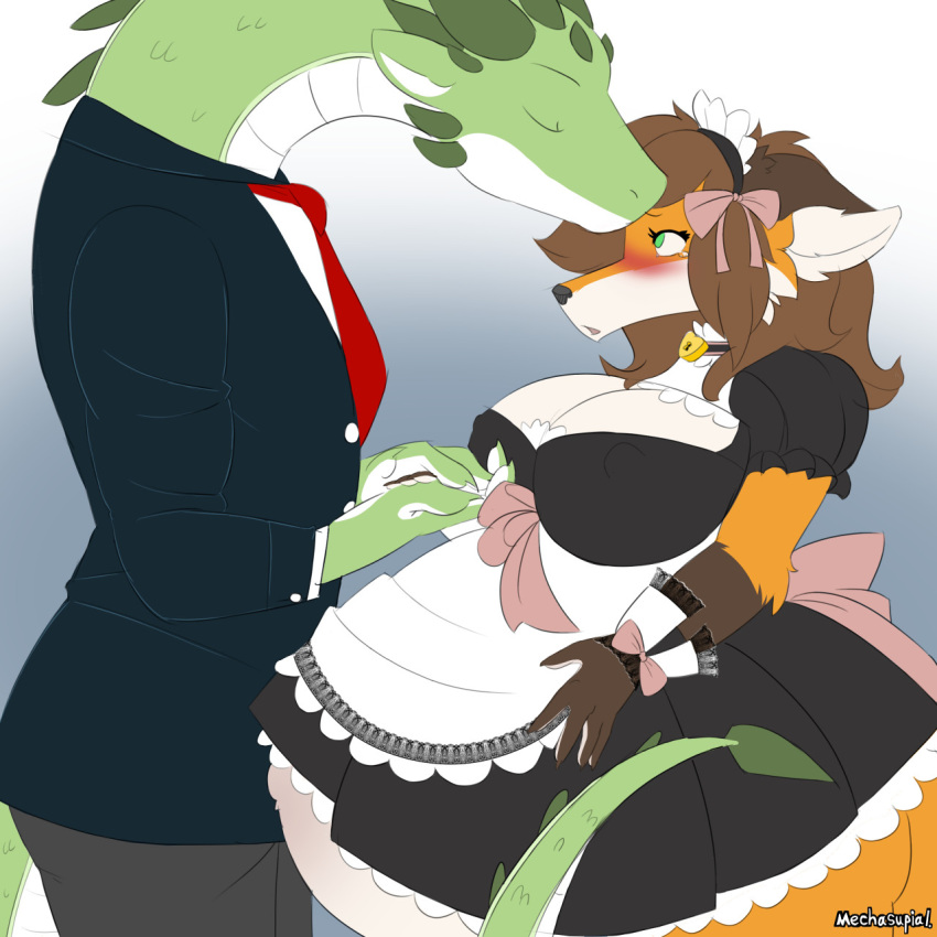 1:1 2022 5_fingers anthro anthro_on_anthro big_breasts black_nose blush bodily_fluids breasts brown_hair canid canine cleavage clothed clothing dragon duo erika_(raydis) eyes_closed female fingers forehead_kiss fox fur gloves_(marking) green_body green_eyes green_scales hair hand_on_stomach hands_on_stomach head_kiss hi_res huge_belly huge_breasts humanoid_hands kissing legwear maid_uniform male male/female mammal markings mechasupial multicolored_body multicolored_fur navel nipple_outline orange_body orange_fur outie_navel pregnant pregnant_female red_fox scales signature standing stockings story story_in_description suit tears two_tone_body two_tone_fur uniform victor_viridis white_body white_fur