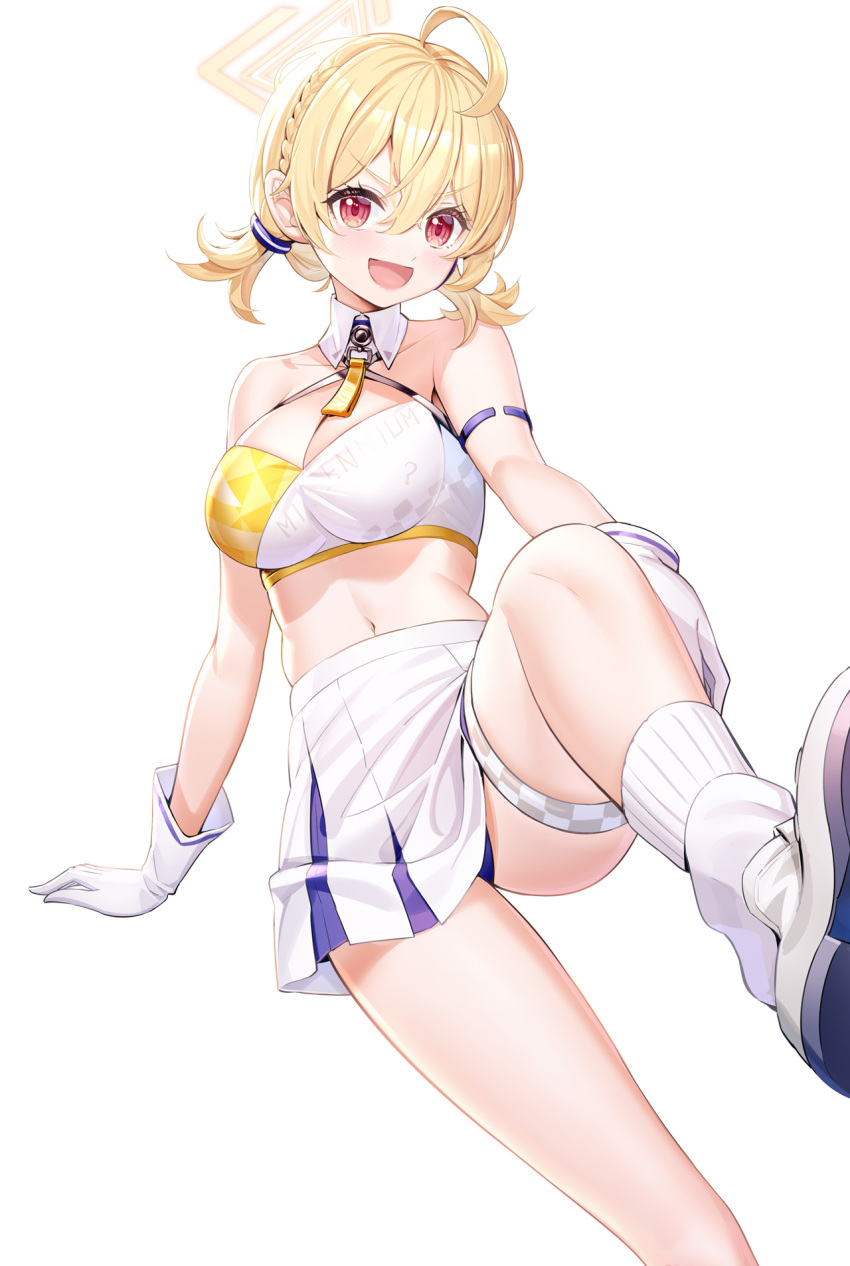 1girl ahoge bare_shoulders blonde_hair blue_archive blush braid breasts checkered_clothes cheerleader cleavage collarbone gloves halo highres kotori_(blue_archive) kotori_(cheer_squad)_(blue_archive) large_breasts loose_socks low_twintails midriff millennium_cheerleader_outfit_(blue_archive) navel open_mouth pleated_skirt red_eyes ririko_(zhuoyandesailaer) shoes short_hair single_braid skirt smile sneakers socks solo triangle_print twintails white_background white_gloves white_skirt yellow_halo