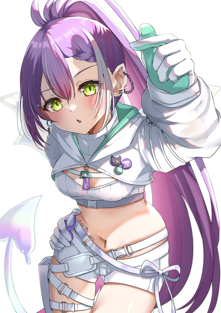1girl breasts colored_inner_hair demon_girl demon_tail demon_wings ear_piercing gradient_hair green_eyes high_ponytail highres hip_tattoo hololive knee_pads long_hair looking_at_viewer medium_breasts multicolored_hair navel navel_piercing nyuyosuke_o_shigoto_boshuuchu official_alternate_costume official_alternate_hairstyle piercing pink_hair pointy_ears ponytail purple_hair short_shorts shorts solo strapless streaked_hair tail tattoo thigh_pouch thigh_strap tokoyami_towa tokoyami_towa_(5th_costume) tube_top very_long_hair virtual_youtuber white_background white_hair white_shorts white_tube_top wings