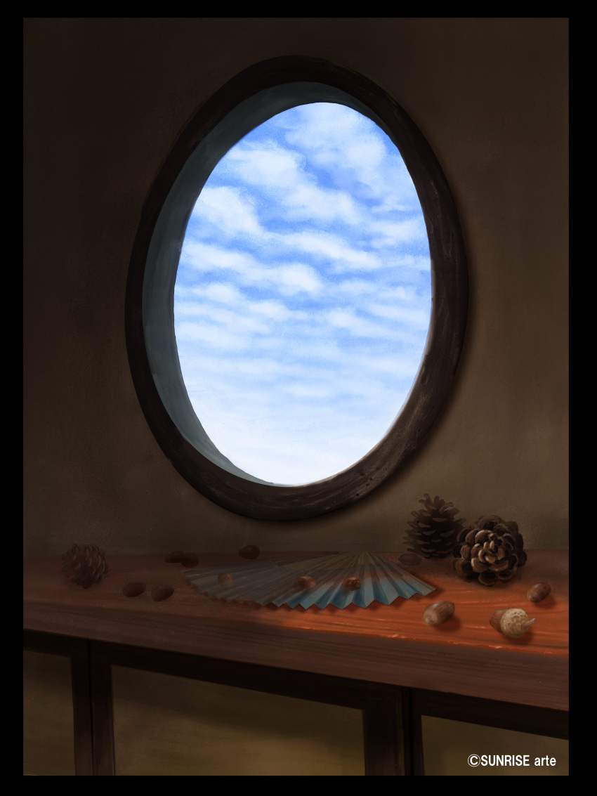 absurdres acorn blue_sky cloud cloudy_sky highres no_humans original pinecone round_window shadow sky still_life sunrise_arte table wall window wooden_table