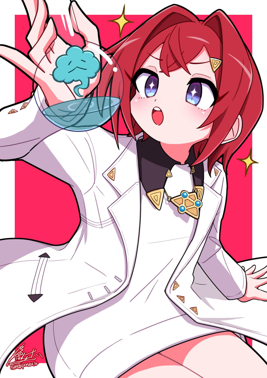 1girl ange_katrina blue_eyes detached_collar dress flask hair_intakes highres jewelry lab_coat looking_at_object necklace negiponzu nijisanji open_mouth red_hair round-bottom_flask short_hair sparkle star-shaped_pupils star_(symbol) symbol-shaped_pupils thighs triangle_hair_ornament virtual_youtuber white_dress