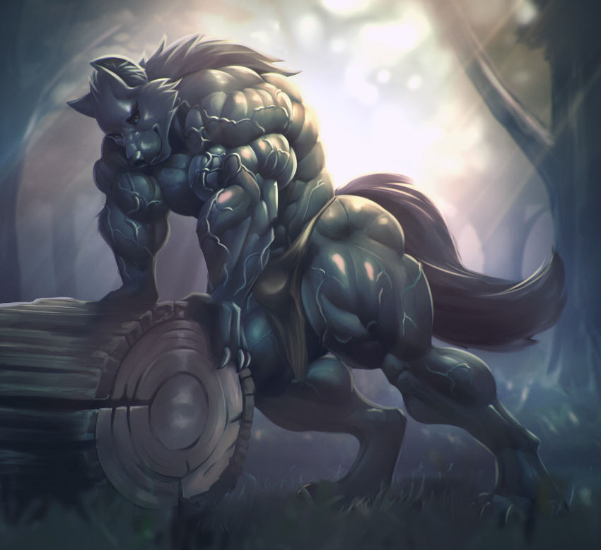 abs anthro big_muscles black_body black_fur bottomwear bulge canid canine canis claws clothing digitigrade forest fur hi_res huge_muscles leaning leaning_on_object loincloth looking_at_viewer male mammal muscular muscular_anthro muscular_male muscular_thighs pecs plant rizzyofen smile smirk solo tree vein veiny_arms veiny_muscles were werecanid wolf
