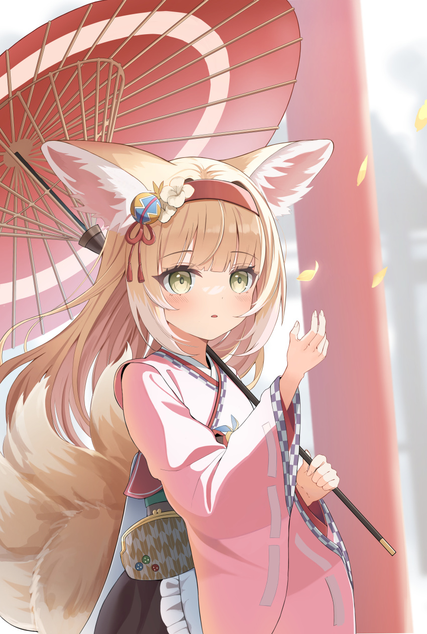 1girl absurdres animal_ear_fluff animal_ears apron arknights blonde_hair blurry blush chinese_knot coin_purse commentary depth_of_field falling_petals fang flower fox_ears fox_girl fox_tail frilled_apron frills green_eyes hair_flower hair_ornament hairband hands_up highres holding holding_umbrella japanese_clothes kimono kitsune kyuubi long_hair long_sleeves multicolored_hair multiple_tails official_alternate_costume oil-paper_umbrella parted_lips petals pink_kimono pinwheel red_hairband red_umbrella seaz_(27942728) solo suzuran_(arknights) suzuran_(yukibare)_(arknights) tail tassel torii two-tone_hair umbrella upper_body waist_apron white_apron white_hair wide_sleeves yagasuri