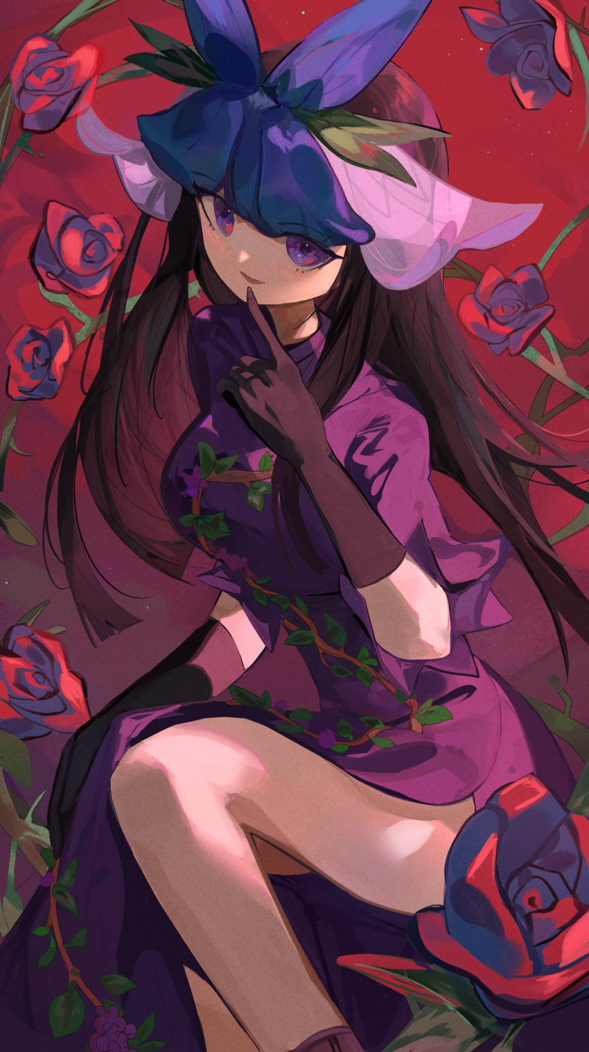 1girl absurdres black_gloves black_hair china_dress chinese_clothes daedalu dress flower gloves highres long_hair open_mouth plant purple_dress purple_eyes purple_flower short_sleeves smile solo touhou unfinished_dream_of_all_living_ghost vines yomotsu_hisami