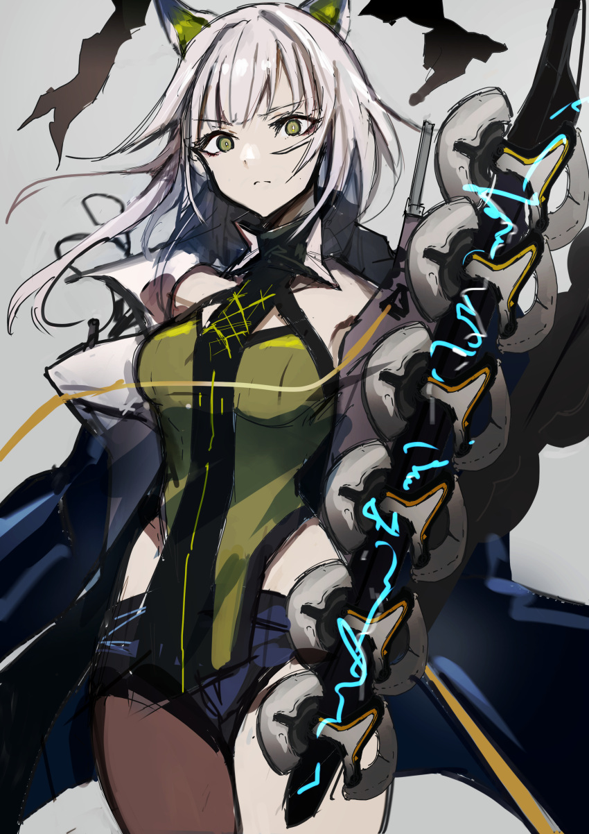 1girl absurdres animal_ears arknights bare_shoulders black_necktie black_shorts blue_coat breasts cat_ears cat_girl chuhaibane closed_mouth coat commentary cowboy_shot floating_hair green_eyes green_shirt grey_hair highres kal'tsit_(arknights) kal'tsit_(remnant)_(arknights) long_hair looking_at_viewer medium_breasts necktie official_alternate_costume open_clothes open_coat shirt shorts simple_background sleeveless sleeveless_shirt solo weapon