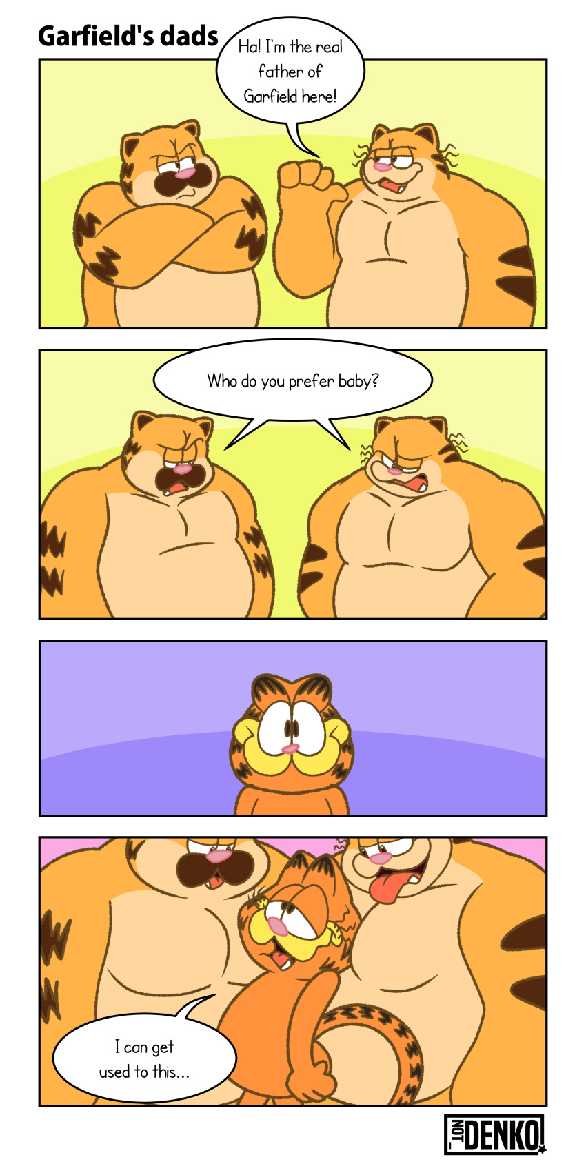 absurd_res age_difference anthro belly breasts chubby_anthro chubby_male comic dialogue english_text father_(lore) father_and_child_(lore) father_and_son_(lore) felid fur garfield_(series) garfield_the_cat group hi_res male male/male mammal not_denko nude open_mouth orange_body orange_fur parent_(lore) parent_and_child_(lore) parent_and_son_(lore) rubbing simple_background size_difference smile son_(lore) speech_bubble striped_body stripes text trio vic_(garfield)