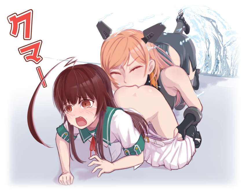 2girls ahoge all_fours biting black_one-piece_swimsuit brown_eyes brown_hair canoka closed_eyes clothes_pull crying crying_with_eyes_open green_sailor_collar grey_skirt headgear highres huge_ahoge kantai_collection kuma_(kancolle) kuma_kai_ni_(kancolle) long_hair multiple_girls one-piece_swimsuit orange_hair panties panty_pull pun sailor_collar salmon_(kancolle) school_uniform serafuku short_sleeves skirt skirt_pull swimsuit tears two-tone_swimsuit underwear