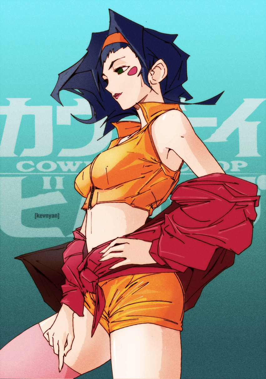 1girl artist_name blush_stickers breasts copyright_name cowboy_bebop crop_top faye_valentine from_side green_eyes hairband hand_on_own_hip highres jacket kevnyan medium_breasts off_shoulder open_clothes open_jacket orange_hairband pink_thighhighs purple_hair red_jacket red_lips shirt short_hair shorts solo text_background thighhighs yellow_shirt yellow_shorts