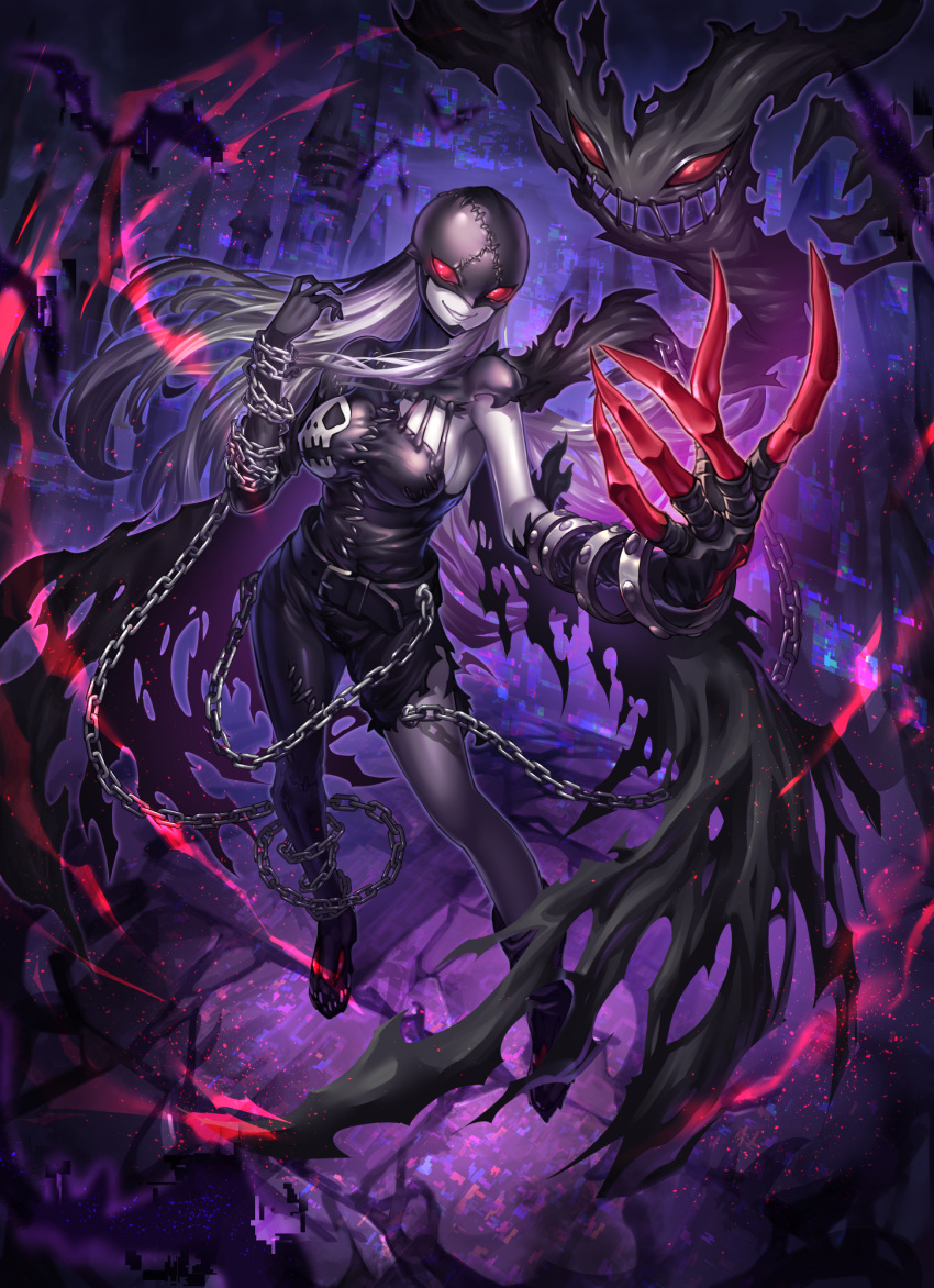 black_bodysuit bodysuit breasts chain claws colored_skin demon demon_girl digimon digimon_(creature) gamazou grey_hair grey_skin grin highres ladydevimon large_breasts long_hair looking_at_viewer mask red_eyes skull smile solo torn_clothes