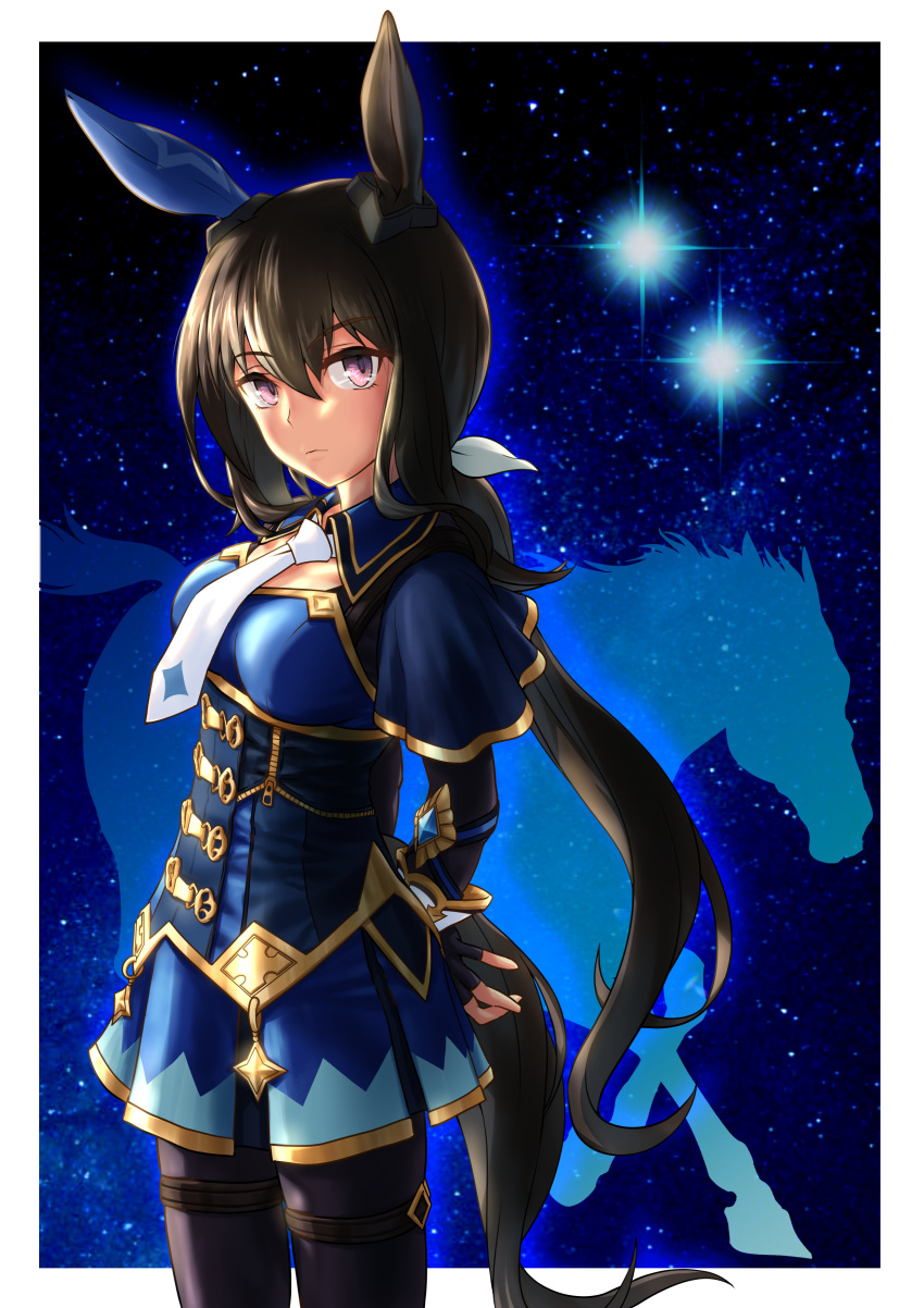 1girl absurdres admire_vega_(umamusume) animal_ears arms_behind_back black_pantyhose blue_capelet bodice bow bowtie brown_hair capelet cheesecake_(artist) commentary cowboy_shot creature_and_personification ear_covers ear_ornament gold_trim hair_between_eyes hair_bow highres horse horse_ears horse_girl horse_tail long_hair looking_at_viewer low_ponytail name_connection object_namesake outline outside_border pantyhose purple_eyes sidelocks silhouette single_ear_cover star_(sky) starry_background tail thigh_strap umamusume vega_(star) very_long_hair white_bow white_bowtie