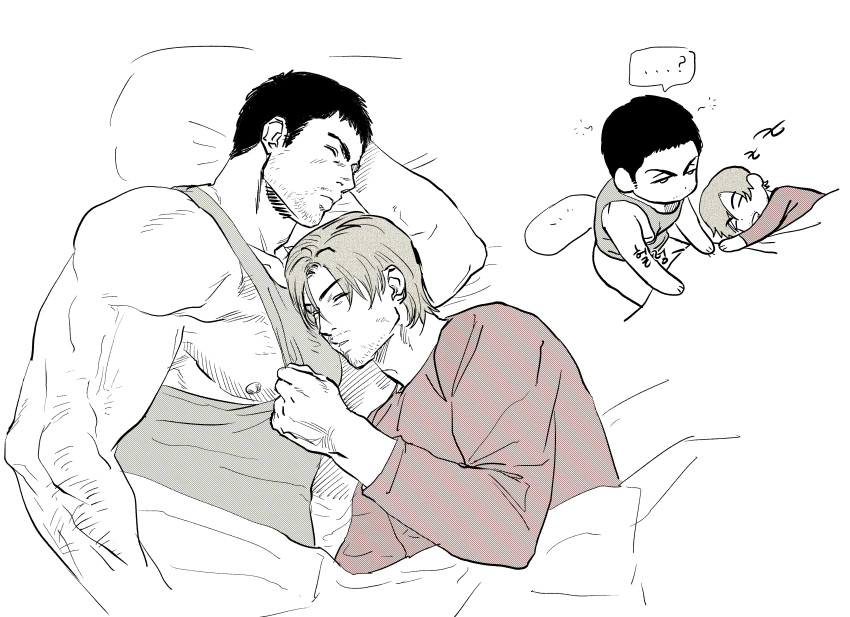 123456dyom 2boys absurdres bara bed chris_redfield closed_eyes closed_mouth clothes_pull facial_hair highres large_pectorals leon_s._kennedy lying male_focus multiple_boys muscular muscular_male nipples on_bed on_side partially_colored pectorals pillow resident_evil resident_evil_6 shirt short_hair sleeping tank_top yaoi