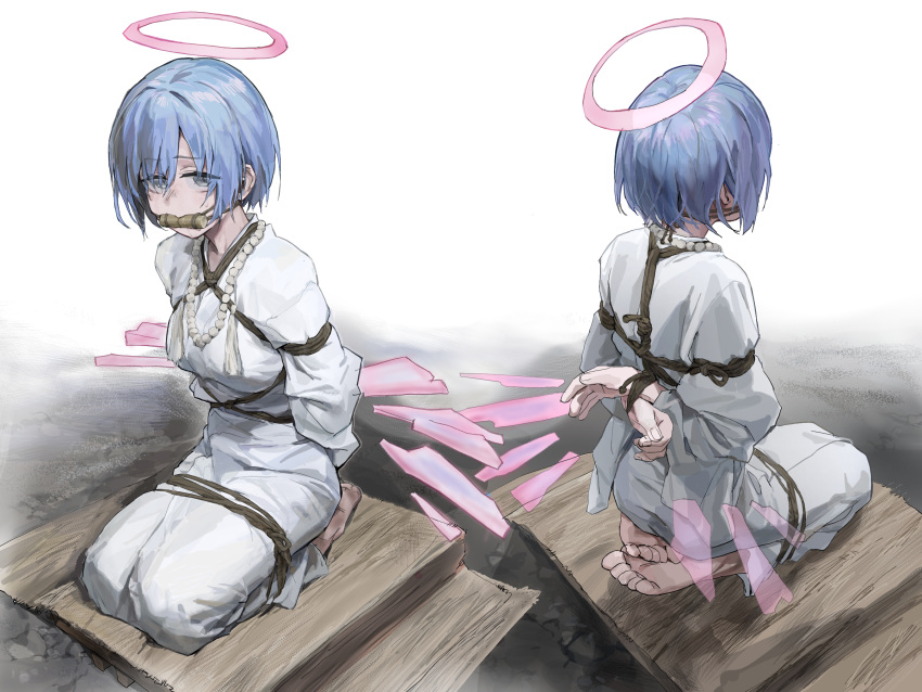 1girl a_tea arknights arms_behind_back bdsm blue_hair bondage bound breasts detached_wings disembodied_limb energy_wings full_body gagged halo highres how_to japanese_clothes looking_at_viewer medium_breasts multiple_views seiza shibari short_hair sitting spuria_(arknights) wings yellow_eyes