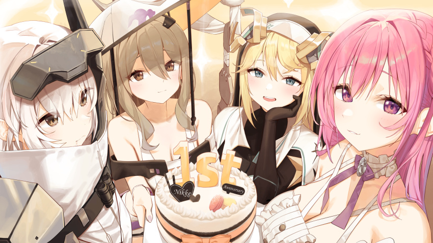 4girls :d anniversary bare_shoulders black_dress black_gloves blonde_hair breasts brown_eyes brown_hair cake cape center_frills cleavage closed_mouth commentary_request dorothy_(nikke) dress drooling elbow_gloves food frills gloves goddess_(nikke) goddess_of_victory:_nikke grey_eyes hair_between_eyes high_collar highres holding holding_tray jacket korean_commentary medium_breasts multiple_girls parted_lips pink_hair purple_eyes rapunzel_(nikke) scarlet_(nikke) smile snow_white_(nikke) syhan tray veil white_cape white_jacket