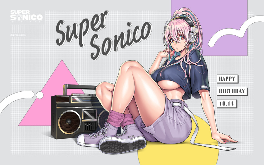 1girl aqua_hair blush boombox breasts casual colored_inner_hair crop_top fingernails headphones highres large_breasts long_hair looking_at_viewer multicolored_hair nail_polish navel nitroplus open_mouth pink_eyes pink_hair pink_nails radio shorts solo super_sonico tareme tsuji_santa two-tone_hair underboob