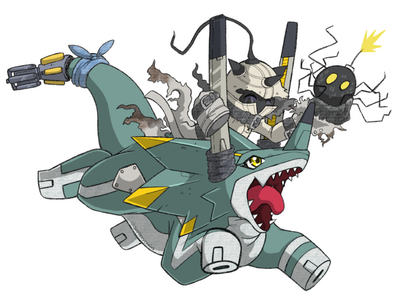 bandai_namco bomb bombermon digimon digimon_(species) duo explosives feral fuse green_body horn humanoid portugueselynx quadruped riding sharp_teeth teeth tongue wezengammamon yellow_eyes