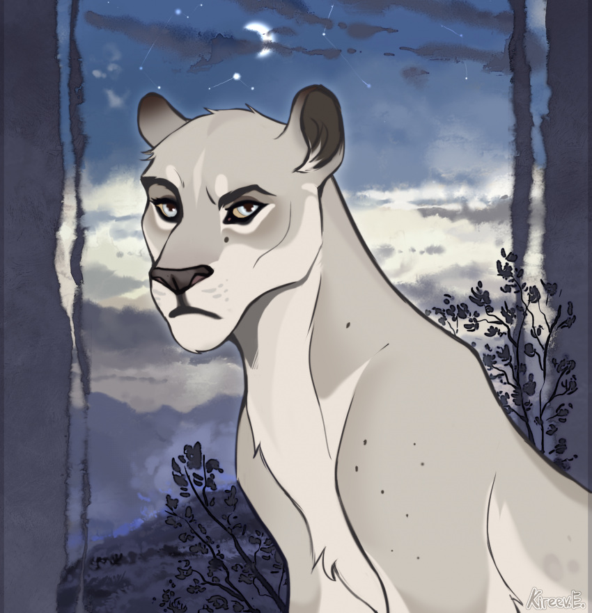 digital_media_(artwork) disney fan_character felid female feral fur grey_body grey_fur grey_nose hi_res kombat300 lion mammal moon nude outside pantherine plant quadruped sky solo spots star the_lion_king tree white_body white_fur