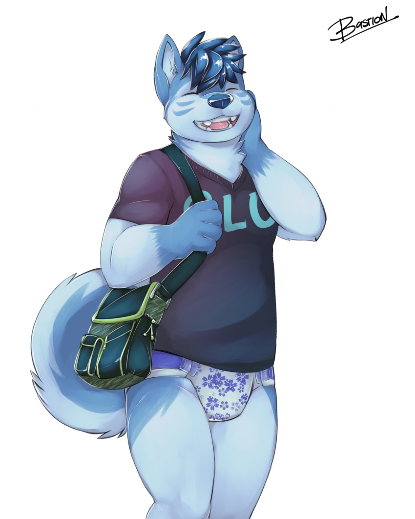 anthro bag bastionshadowpaw blue_body blue_fur blue_hair canid canine canis clean_diaper clothed clothing diaper domestic_dog eyes_closed fur hair hi_res holding_bag husky hybrid male mammal nordic_sled_dog shirt smile solo spitz t-shirt topwear wearing_diaper wintie wolf