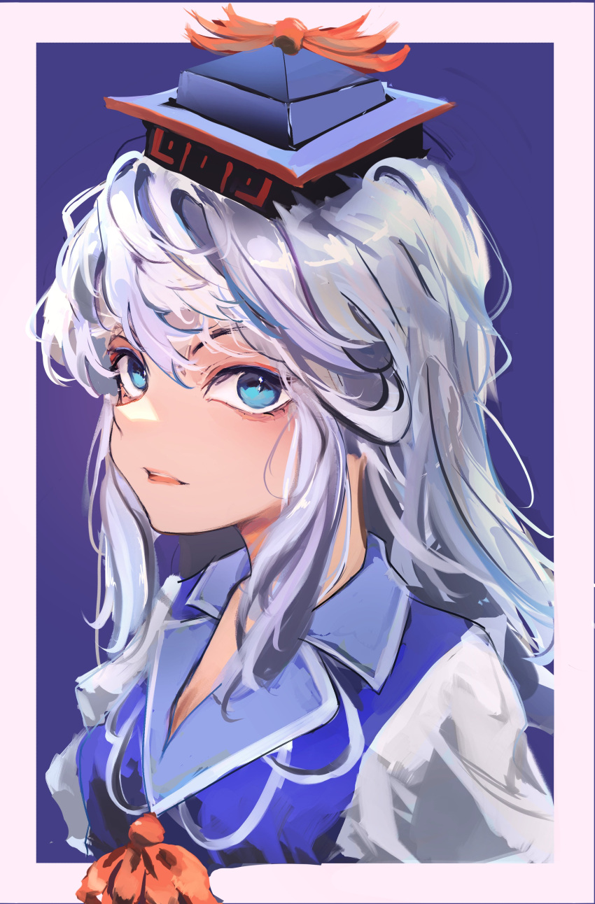 1girl absurdres blue_eyes blue_hair blue_headwear commentary highres kamishirasawa_keine long_hair looking_at_viewer multicolored_hair neckerchief open_mouth red_neckerchief sidelocks solo touhou two-tone_hair upper_body white_hair yuhel