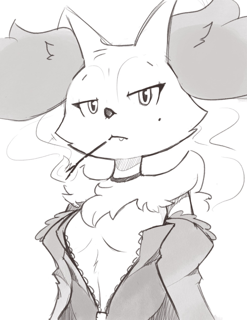 anthro beauty_mark braixen breasts choker cleavage clothed clothing cute_fangs facial_tuft female fire full_cleavage generation_6_pokemon greyscale hi_res inner_ear_fluff inner_side_boob jewelry looking_at_viewer monochrome necklace nintendo nipple_outline off_shoulder open_clothing open_topwear pokemon pokemon_(species) ruff simple_background small_mouth smoke smoking snaggle_tooth solo the_art_manor topwear tuft unimpressed ventral_groove white_background zipper zipper_down