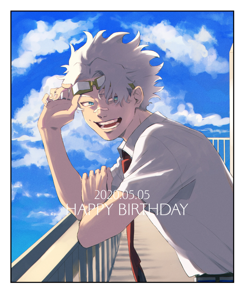 1boy against_railing bandaid bandaid_on_face bandaid_on_nose black_pants blue_eyes boku_no_hero_academia border dated from_side goggles goggles_on_head happy_birthday highres looking_at_viewer loud_cloud male_focus necktie open_mouth outdoors pants railing red_necktie rnuyvm rooftop shirt short_hair solo teeth white_border white_hair white_shirt