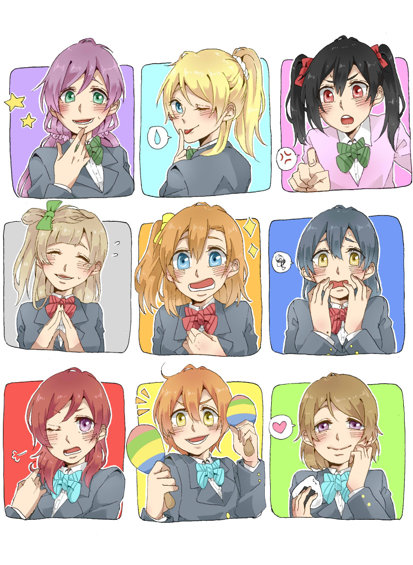 6+girls absurdres anger_vein ayase_eli black_hair blazer blonde_hair blue_bow blue_bowtie blue_eyes blue_hair blue_jacket blush bow bowtie brown_hair cardigan closed_mouth collared_shirt commentary_request dress_shirt everyone food green_bow green_bowtie green_eyes hair_bow hair_ornament hair_scrunchie heart highres hoshizora_rin jacket kashikaze koizumi_hanayo kousaka_honoka long_hair long_sleeves love_live! love_live!_school_idol_project low_twintails lower_teeth_only medium_hair minami_kotori multiple_girls nishikino_maki one_eye_closed one_side_up onigiri open_mouth orange_hair otonokizaka_school_uniform outline pink_cardigan pointing ponytail purple_eyes purple_hair purple_scrunchie red_bow red_bowtie red_hair school_uniform scrunchie shirt short_hair smile sonoda_umi spoken_anger_vein spoken_heart spoken_squiggle squiggle star_(symbol) steepled_fingers striped striped_bow striped_bowtie sweatdrop teeth tongue tongue_out toujou_nozomi twintails upper_body white_outline white_scrunchie white_shirt yazawa_nico yellow_bow yellow_eyes