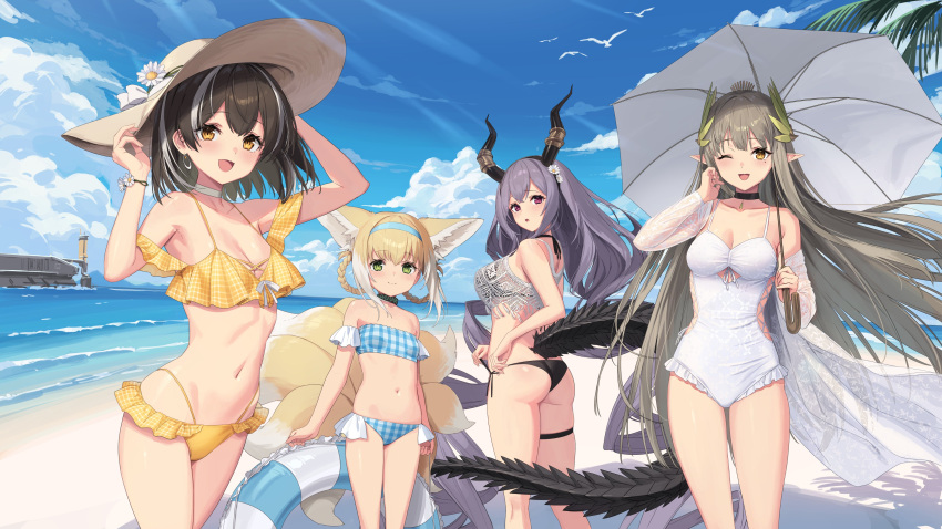 4girls absurdres alternate_costume animal_ears arknights arm_at_side ass bare_shoulders beach bikini bird black_bikini black_hair blonde_hair blue_bikini blue_hairband blue_sky breasts choker cleavage closed_mouth cloud day fox_ears fox_tail grey_hair hairband hat highres holding holding_umbrella horizon innertube looking_at_viewer magallan_(arknights) muelsyse_(arknights) multicolored_hair multiple_girls multiple_tails navel ocean one-piece_swimsuit open_mouth outdoors palm_leaf parasol plaid plaid_bikini pointy_ears purple_hair short_hair sigm@ sky smile stomach streaked_hair sun_hat suzuran_(arknights) swimsuit tail thigh_strap two-tone_hair typhon_(arknights) umbrella water white_choker white_hair white_one-piece_swimsuit yellow_bikini