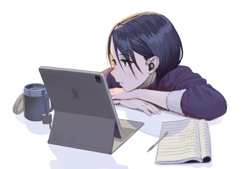 1girl black_eyes black_hair carlo_montie coffee_mug cup earbuds earphones english_commentary highres invisible_table logo_parody mug notebook original pen purple_shirt shirt simple_background solo tablet_pc white_background