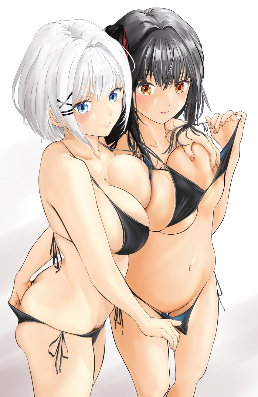 2girls absurdres ass asymmetrical_docking bikini bikini_bottom_pull bikini_top_pull black_bikini blue_eyes breast_press breasts butt_crack cleavage closed_mouth collarbone grabbing grabbing_another's_breast hair_intakes halterneck highres kio77998570 large_breasts long_hair micro_bikini multiple_girls multiple_hairpins natsunagi_nagisa navel no_pussy pulled_by_another short_hair side-tie_bikini_bottom siesta_(tantei_wa_mou_shindeiru) simple_background standing stomach string_bikini swimsuit tantei_wa_mou_shindeiru white_background white_hair yellow_eyes yuri