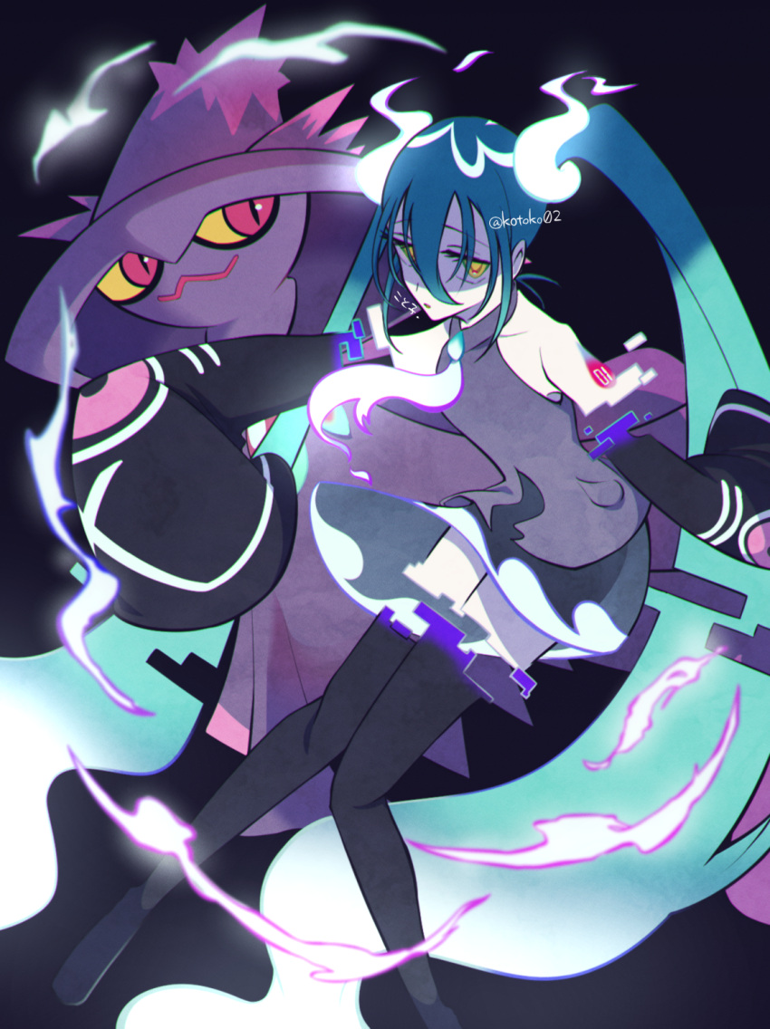 aqua_hair black_thighhighs detached_sleeves floating ghost ghost_miku_(project_voltage) glitch grey_shirt hair_between_eyes hatsune_miku highres kotoko0 long_hair looking_at_viewer mismagius necktie pale_skin pokemon pokemon_(creature) project_voltage see-through see-through_skirt shirt skirt sleeves_past_fingers sleeves_past_wrists thighhighs twintails very_long_hair vocaloid will-o'-the-wisp_(mythology) yellow_eyes