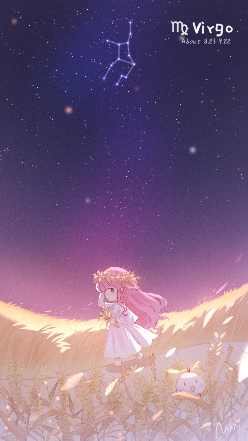 1girl blush bouquet brown_eyes cat character_name copyright_name crescent_moon dated dated_commentary dress english_commentary hair_ornament highres holding holding_bouquet leaf_hair_ornament long_hair looking_at_another momo_(miracle_nikki) moon night night_sky nikki_(miracle_nikki) official_art open_mouth pink_hair plant sandals shining_nikki sky smile star_(sky) starry_sky virgo_(constellation) virgo_(zodiac) walking white_dress wind
