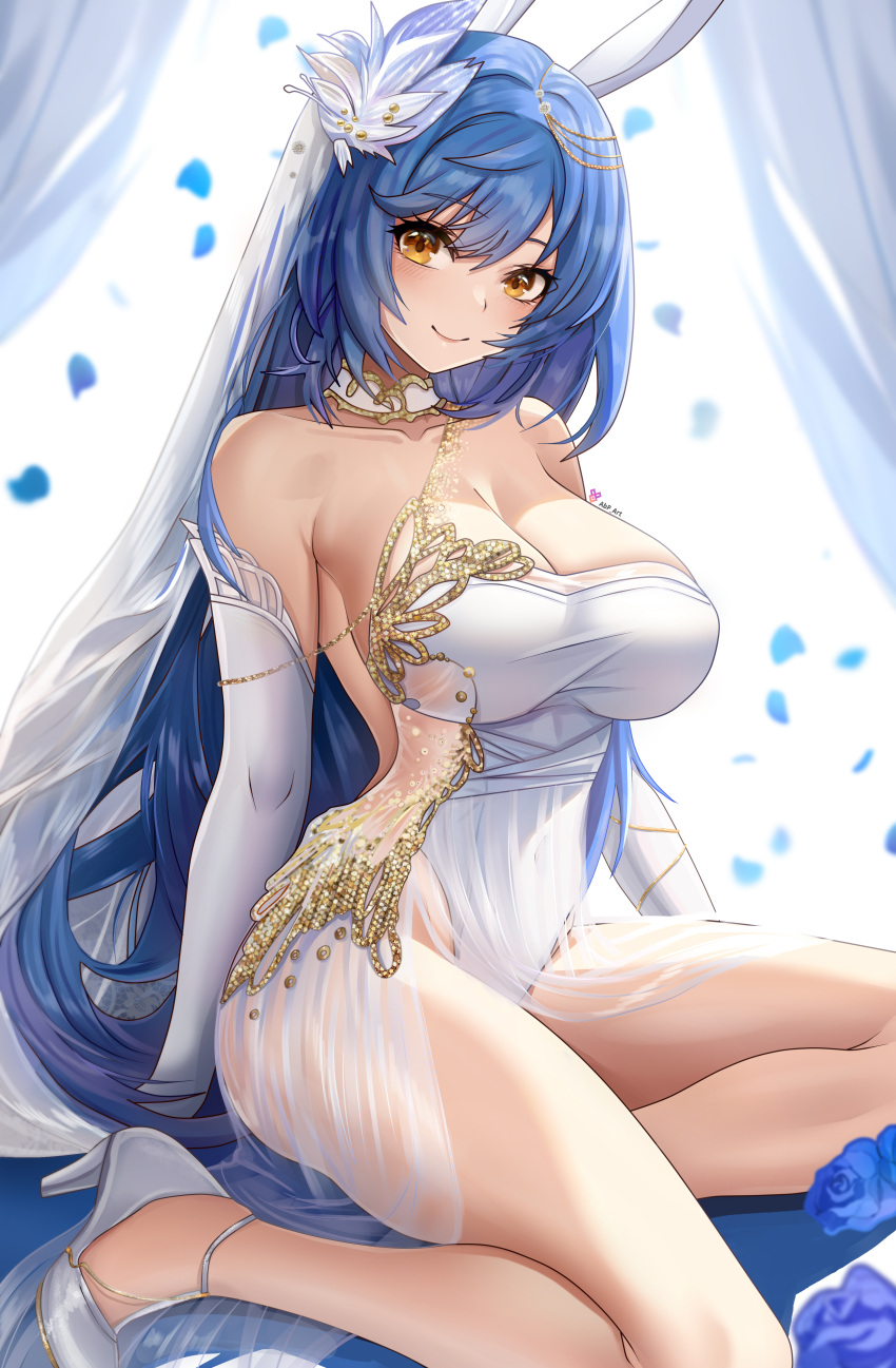 1girl abpart absurdres animal_ears bare_shoulders blue_hair blush breasts cleavage closed_mouth collarbone commentary dress elbow_gloves english_commentary falling_petals girls'_frontline gloves hair_ornament high_heels highres large_breasts long_hair looking_at_viewer petals rabbit_ears smile solo tar-21_(girls'_frontline) thighs white_dress white_footwear white_gloves yellow_eyes