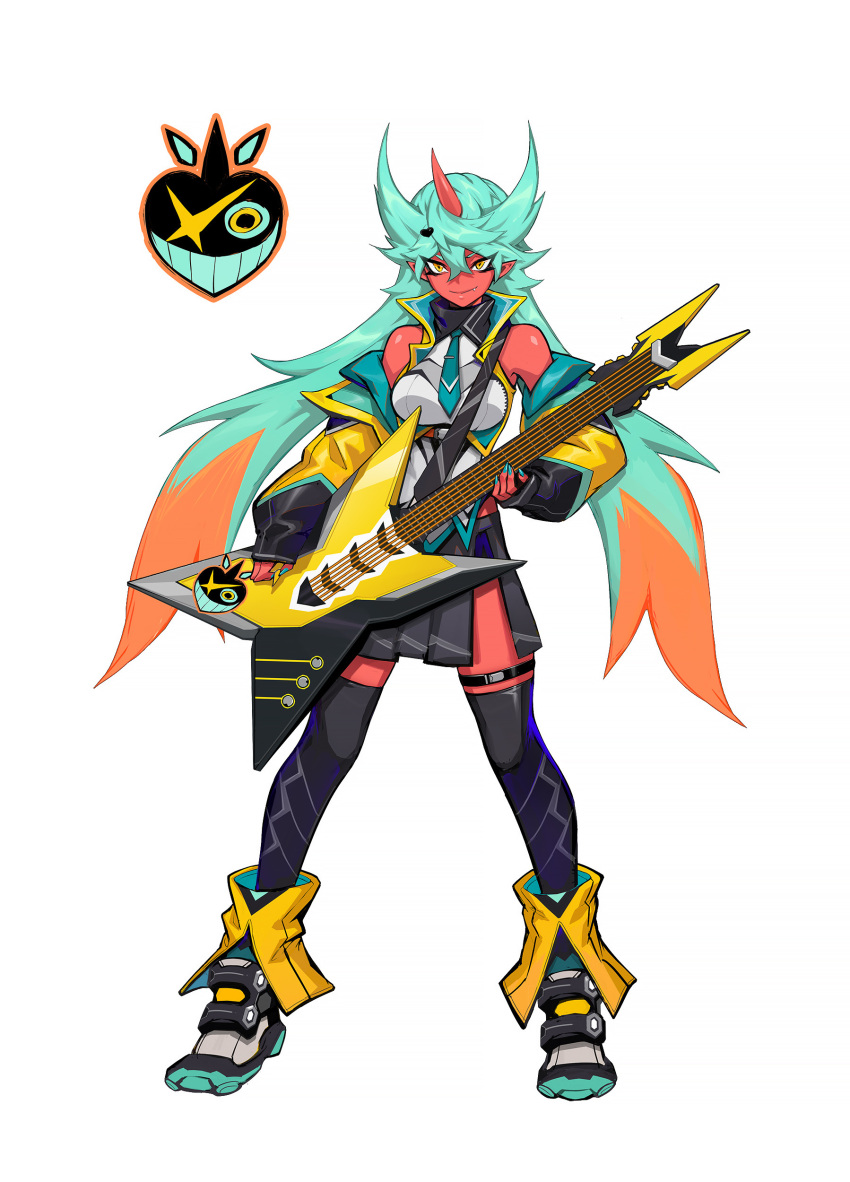 1girl absurdres black_skirt black_thighhighs breasts colored_skin concept_art electric_guitar fang fingernails green_hair guitar hair_ornament heart heart_hair_ornament highres holding holding_instrument horns instrument jacket liyart logo looking_at_viewer multicolored_hair nail_polish necktie official_art omega_strikers orange_eyes orange_hair red_skin shoes simple_background single_horn skirt solo thighhighs two-tone_hair vyce_(omega_strikers) white_background
