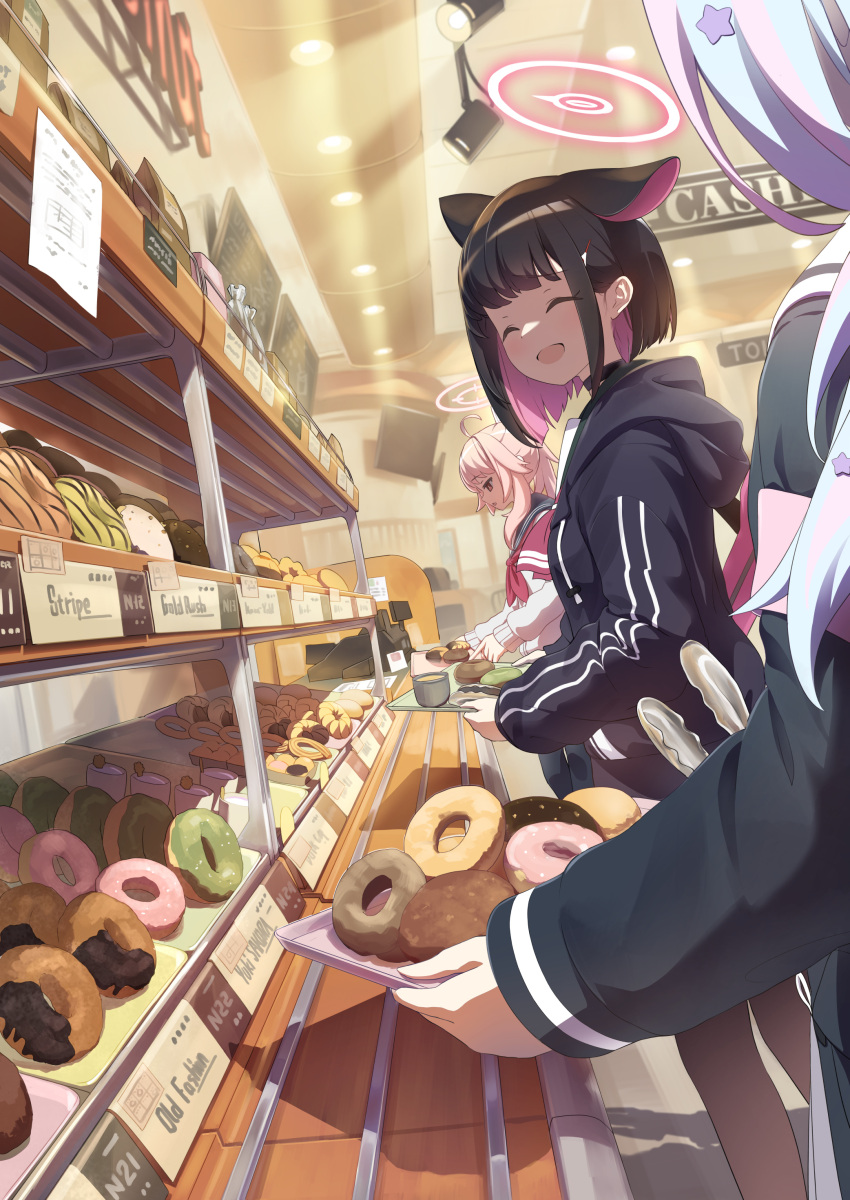 3girls ^_^ absurdres bakery black_hair black_jacket black_pantyhose blue_archive closed_eyes colored_inner_hair doughnut food halo highres holding holding_tray hood hooded_jacket jacket kazusa_(blue_archive) multicolored_hair multiple_girls natsu_(blue_archive) pantyhose pink_hair reisa_(blue_archive) school_uniform serafuku shop tamanegi_(12030028) tray two-tone_hair