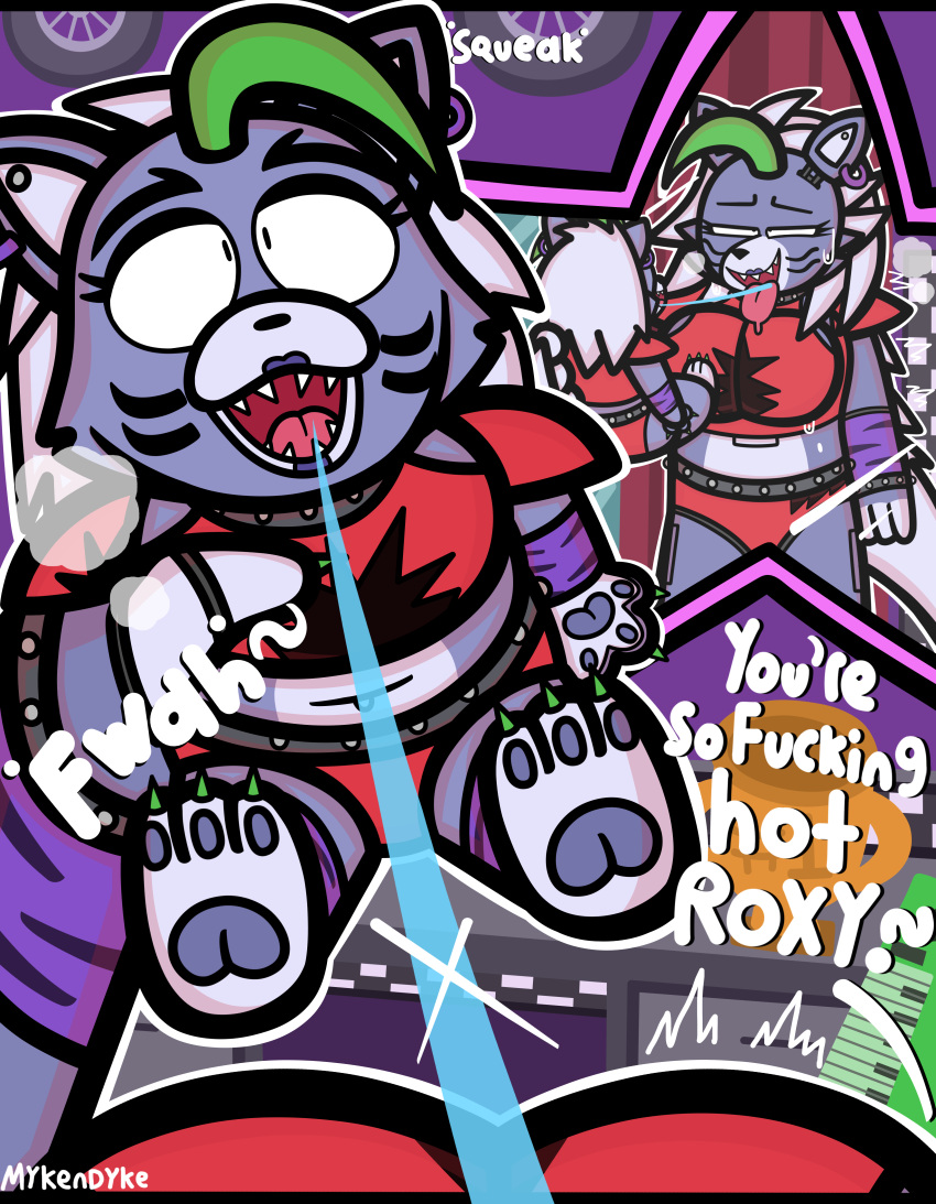 absurd_res ahegao animatronic anthro bodily_fluids breasts canid canine canis clothed clothing dialogue english_text female five_nights_at_freddy's five_nights_at_freddy's:_security_breach hi_res looking_pleasured machine mammal mykendyke open_mouth open_smile plushie plushophilia profanity purple_body robot roxanne_wolf_(fnaf) saliva saliva_string scottgames smile solo steel_wool_studios text tongue tongue_out wolf