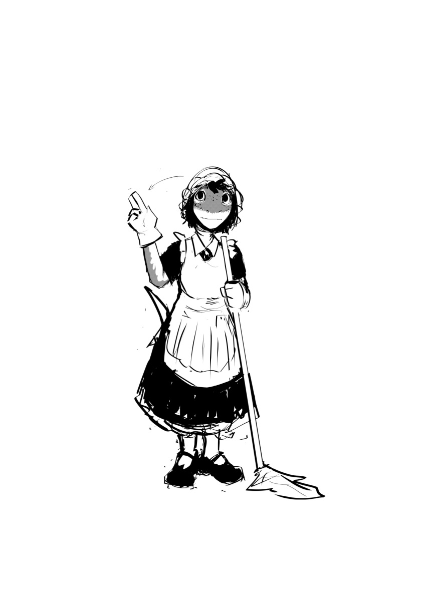 2023 anthro apron cleaning_tool clothing female fish greyscale hi_res hladilnik lonely_shark_(hladilnik) maid_uniform marine monochrome mop shark sign_language sketch solo uniform