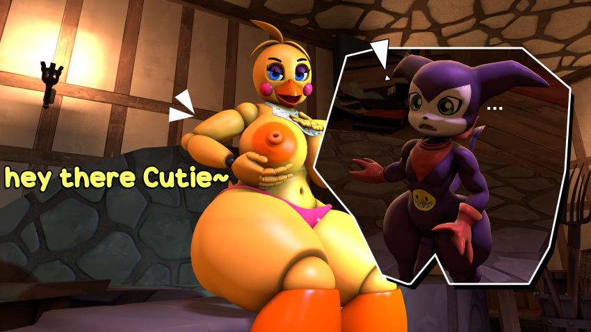 3d_(artwork) absurd_res animatronic anthro avian bandai_namco big_breasts bird breasts chica_(fnaf) chicken clothing curvy_figure digimon digimon_(species) digital_media_(artwork) duo female five_nights_at_freddy's flaccid galliform gallus_(genus) genitals girly gloves handwear hi_res holding_breast imp impmon larger_female machine male male/female panties penis phasianid robot scarf scottgames shocked size_difference smaller_male smile smirk soft_penis source_filmmaker sweetsourcefm thick_thighs underwear voluptuous wide_hips