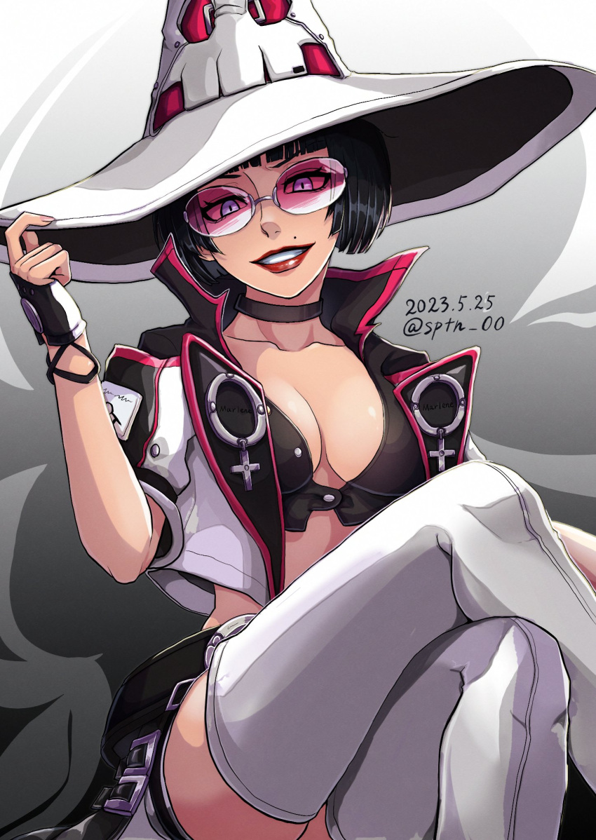 1girl adjusting_clothes adjusting_headwear alternate_color black_choker black_hair boots breasts choker cleavage fingerless_gloves gloves grin guilty_gear guilty_gear_strive hat highres i-no large_breasts looking_at_viewer mole mole_above_mouth pink-tinted_eyewear purple_eyes red_lips short_hair sitting smile sptn_00 sunglasses thigh_boots tinted_eyewear venus_symbol white_footwear white_gloves white_headwear witch_hat