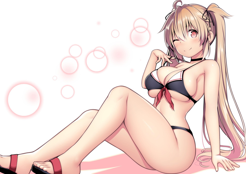 1girl ahoge arm_support bare_arms bare_legs bare_shoulders barefoot bikini black_bikini blush breasts cleavage closed_mouth collarbone hair_between_eyes highres kantai_collection kuromayu large_breasts light_brown_hair long_hair murasame_(kancolle) one_eye_closed red_eyes sandals smile solo swimsuit toes twintails