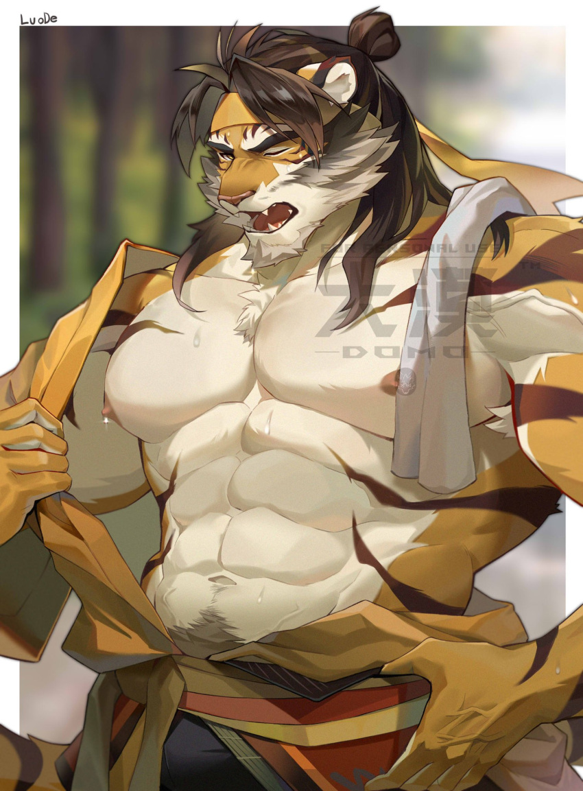 2023 abs accessory angry_eyes anthro areola barazoku belt big_pecs black_ears blurred_background bodily_fluids border bottomwear brown_body brown_fur brown_hair chest_tuft clothed clothed_anthro clothed_male clothing crotch_tuft detailed facial_markings fangs felid forest fur fur_markings hair hair_bun head_markings headband hi_res long_hair looking_at_viewer luodejun male mammal markings mostly_nude mostly_nude_anthro mostly_nude_male multicolored_body multicolored_ears multicolored_fur muscular muscular_anthro muscular_male navel nipples one_eye_closed open_mouth pantherine pants pecs pink_nose pink_tongue plant portrait round_ears sharp_teeth shirt signature solo standing sweat sweaty_arms sweaty_body sweaty_chest sweaty_face sweaty_fur sweaty_nipples sweaty_pecs teeth tiger tongue topwear towel towel_on_shoulder tree tuft undressing vein watermark white_body white_border white_ears white_fur wood yellow_body yellow_ears yellow_eyes yellow_fur