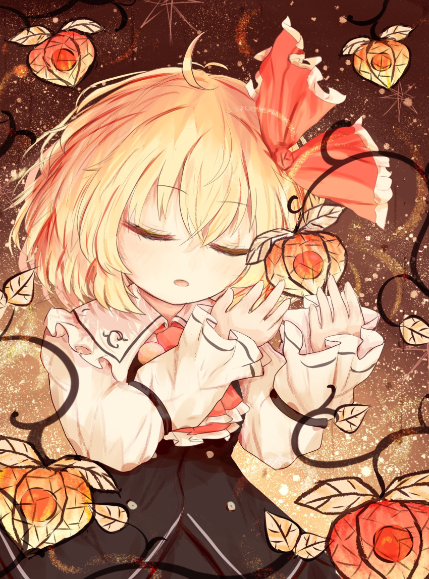 1girl ahoge ascot black_skirt black_vest blonde_hair brown_background buttons closed_eyes collared_shirt food frilled_ascot frilled_ribbon frills fruit hair_ribbon hands_up highres light_particles long_sleeves open_mouth puffy_sleeves red_ascot red_ribbon ribbon ro.ro rumia shirt short_hair skirt skirt_set solo touhou upper_body vest