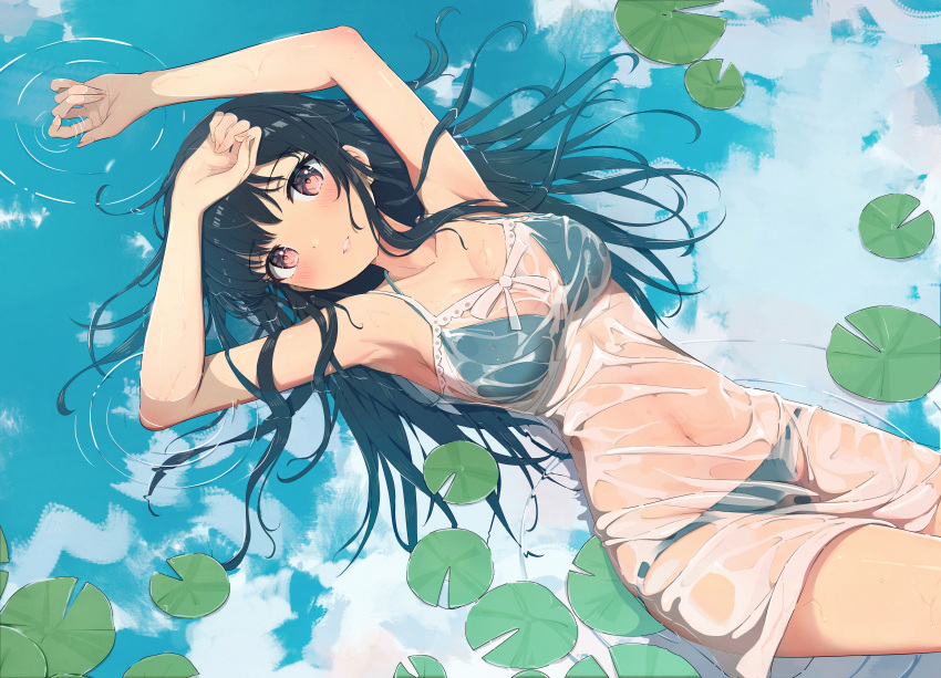absurdres arm_above_head arm_on_head armpits arms_up bikini black_hair blush breasts cleavage cloud cloudy_sky collarbone commentary covered_navel cowboy_shot dress fingernails floating floating_hair green_bikini hano_(1507197602) highres lily_pad long_hair looking_at_viewer lying medium_breasts navel on_back original parted_lips partially_submerged red_eyes reflection reflective_water ripples see-through sky smile swimsuit swimsuit_under_clothes symbol-only_commentary water wet wet_clothes white_dress