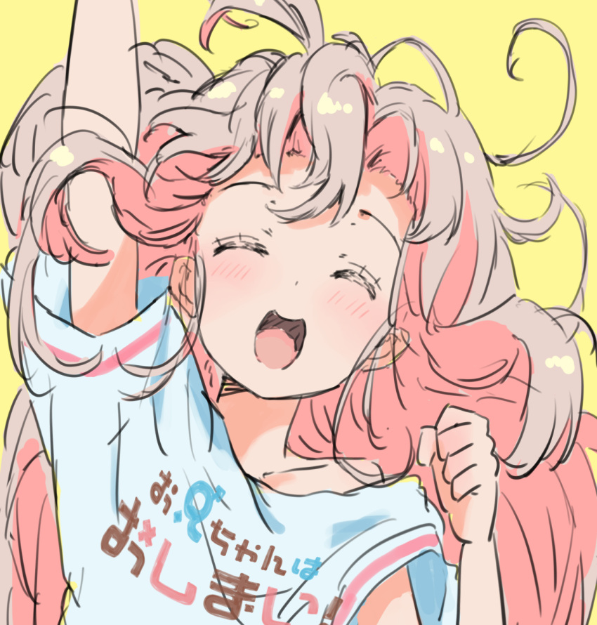 1girl :d ^_^ ahoge arm_up clenched_hand closed_eyes clothes_writing commentary copyright_name eromanga_sensei facing_viewer highres long_hair onii-chan_wa_oshimai! open_mouth oyama_mahiro parody pink_hair shirt short_sleeves simple_background sketch smile solo symbol-only_commentary t-shirt tetesudeesu white_shirt yellow_background