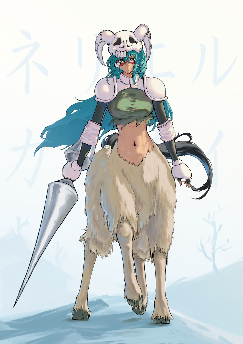 1girl absurdres arrancar black_gloves bleach breasts centaur character_name closed_mouth commentary_request crop_top dark_skin elbow_gloves elbow_pads facial_mark fingerless_gloves full_body gauntlets gloves green_eyes green_hair green_shirt hair_between_eyes highres holding holding_polearm holding_weapon hooves horns horse_tail lance large_breasts long_hair looking_at_viewer monster_girl multiple_legs navel nelliel_tu_odelschwanck polearm rinjirou_(spru4728) shadow shirt shoulder_pads sidelocks skull skull_on_head solo standing stomach tail taur toned torn_clothes torn_shirt weapon white_fur yellow_eyes