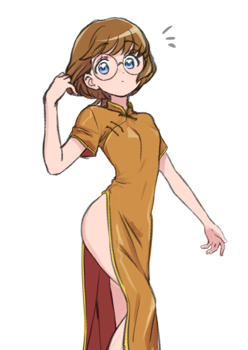 1girl alternate_costume blue_eyes bob_cut brown_hair china_dress chinese_clothes covered_navel dot_mouth dot_nose dress feet_out_of_frame glasses hand_up highres ichinose_minori knee_up looking_at_viewer notice_lines orange_dress precure round_eyewear short_hair short_sleeves side_slit solo swept_bangs tankobukids tropical-rouge!_precure white_background