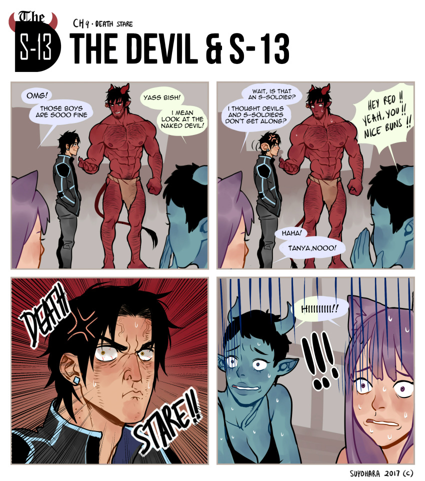 ! !! 2017 2boys 2girls absurdres bara black_jacket blue_skin cat_girl collarbone colored_skin demon_horns dominique_(the_devil_and_s-13) frown fundoshi highres horns jacket japanese_clothes multiple_boys multiple_girls muscular muscular_male red_skin steen_(the_devil_and_s-13) suyohara sweatdrop teeth the_devil_and_s-13 worried