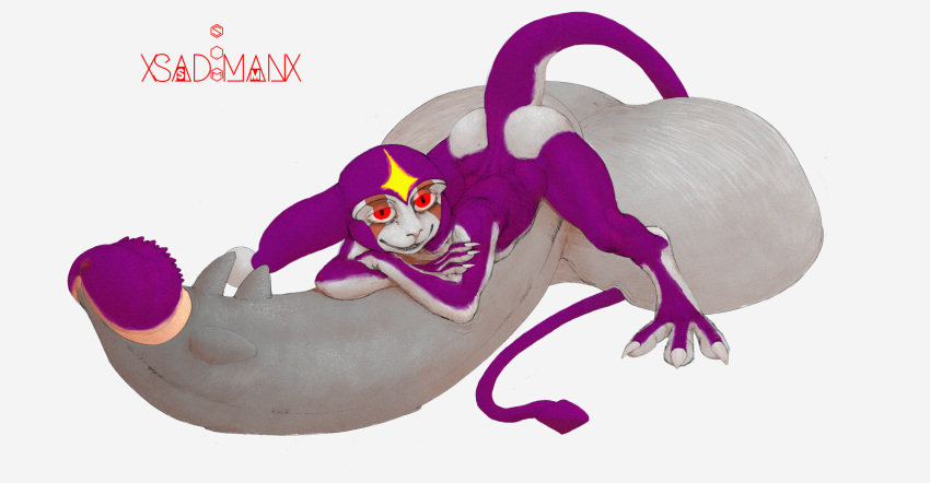 anthro back_muscles backsack balls barbed_glans big_balls big_feet big_penis billsabouman butt crossed_arms demon digital_media_(artwork) english_text erection feet fingers genitals glans glowing glowing_eyes hi_res huge_balls huge_penis hyper hyper_balls hyper_genitalia hyper_penis imp jester laying_on_penis looking_at_viewer lying male mammal muscular muscular_anthro muscular_male nails nipples nude open_mouth penile_spines penis red_eyes simple_background smile smug smug_expression smug_eyes smug_face smug_grin solo spread_legs spreading tail teeth text toes xsad_manx(artist)