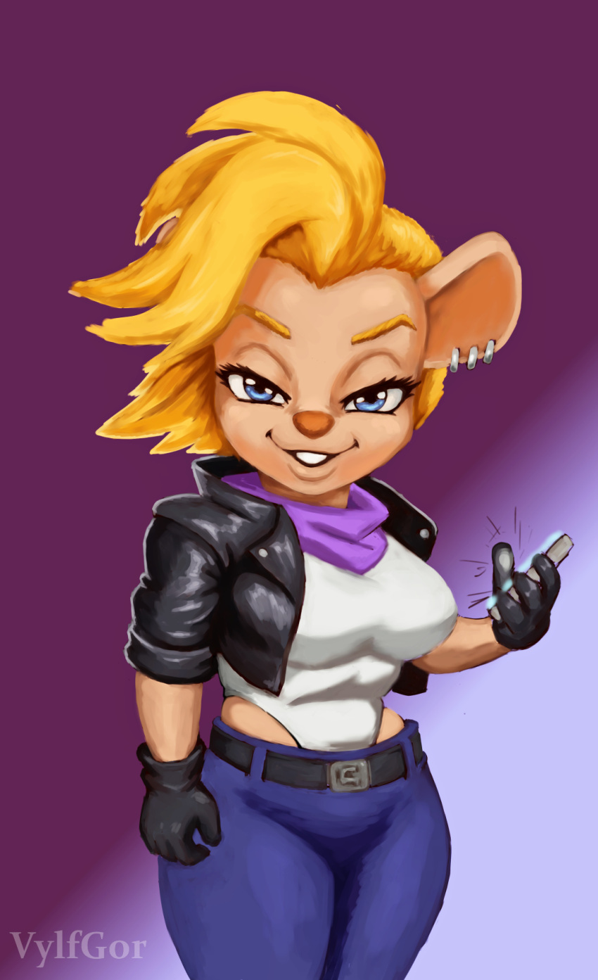 2023 anthro blonde_hair bottomwear cellphone chip_'n_dale_rescue_rangers clothed clothing denim denim_clothing digital_drawing_(artwork) digital_media_(artwork) disney female fur gadget_hackwrench gloves hair handwear hi_res humanoid humanoid_face jacket jeans leather leather_clothing leather_jacket leather_topwear looking_at_viewer mammal mouse murid murine pants phone pink_nose portrait rodent scarf simple_background smartphone smile solo topwear vylfgor