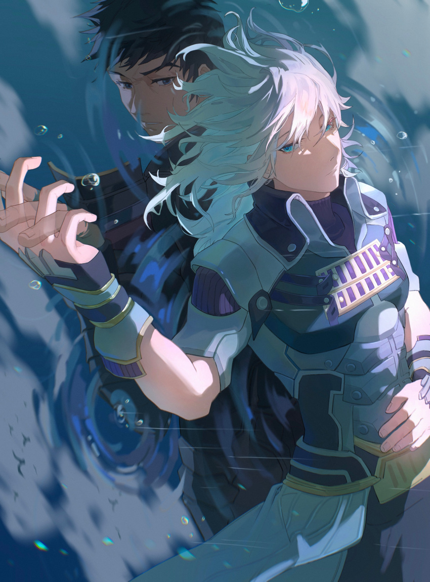 2boys absurdres armor back-to-back black_eyes black_hair blue_eyes closed_mouth coat different_reflection grey_coat highres holding_hands jin_(xenoblade) lying male_focus malos_(xenoblade) medium_hair multiple_boys on_back outdoors rain raininmoradain reflection shirt short_hair short_sleeves spiked_hair water_drop white_shirt xenoblade_chronicles_(series) xenoblade_chronicles_2 yaoi