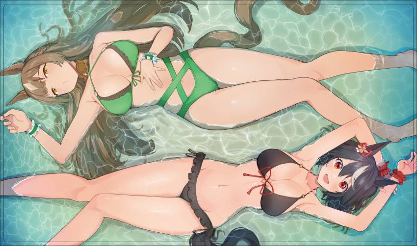 2girls amepa_(ame_pinecandy) animal_ears armpits bare_legs bare_shoulders bikini black_bikini black_hair blush braid breasts brown_hair caustics cleavage collarbone criss-cross_halter detached_collar frilled_bikini frills green_bikini groin halterneck hand_on_own_stomach highres holding_own_arm horse_ears horse_girl horse_tail kitasan_black_(umamusume) large_breasts long_hair looking_at_viewer lying multicolored_hair multiple_girls navel o-ring o-ring_top on_back open_mouth partially_submerged puckered_lips red_eyes satono_diamond_(umamusume) scrunchie short_hair smile streaked_hair swimsuit tail umamusume water wrist_scrunchie yellow_eyes