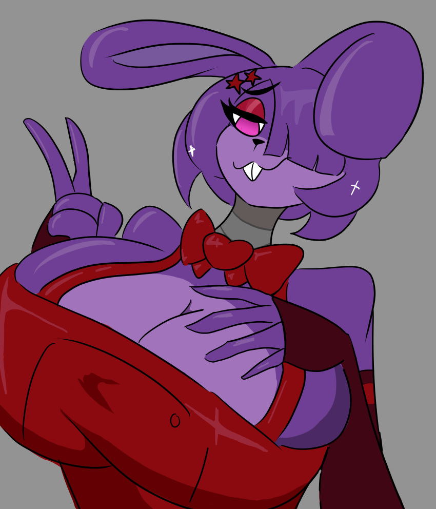 absurd_res accessory anthro armwear big_breasts bonnie_(fnaf) bow_tie breasts buckteeth cleavage clothed clothing crossgender eyelashes eyeshadow female five_nights_at_freddy's fur gesture grey_background hair hair_accessory hair_over_eye hairclip hand_on_breast hi_res huge_breasts killer._ez lagomorph leporid makeup mammal one_ear_up one_eye_obstructed overalls pink_armwear pink_clothing pink_eyeshadow purple_body purple_fur purple_hair rabbit red_overalls scottgames short_hair simple_background solo teeth v_sign